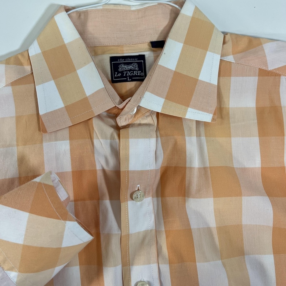 Le Tigre Shirt Mens Large Orange‎ White Plaid Long Sleeve Button Up Tiger Logo